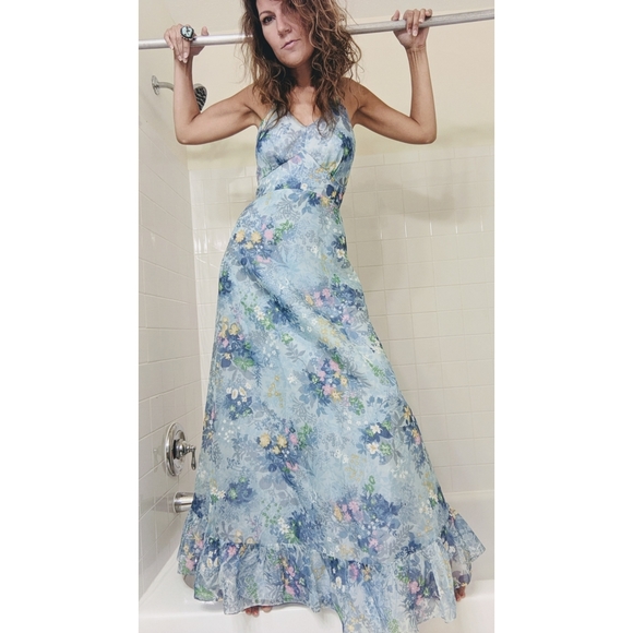 70s cornflower blue floral print halter - Picture 5 of 6